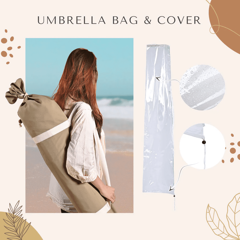 Boho Fringe Umbrella Wood Market Umbrella, Khaki + Tassels