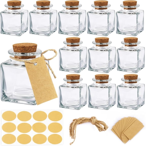 12 Pack Square Small Glass Bottles with Lids, 1.7OZ Mini Glass Jars with Cork Tag Label and Twine, Versatile Small Bottles for Candy Potion Spice DIY Crafts Gift Birthday Wedding Party Favors