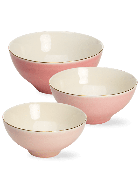 Paris Hilton 3-Piece Ceramic Bowl Set, Nesting Mixing Bowls, Dishwasher Safe, Pink and Gold