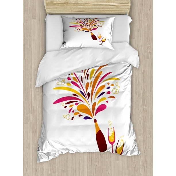 Champagne Duvet Cover Set Twin Size, Colorful Champagne Splash Design