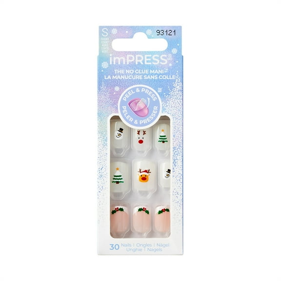 KISS imPRESS Holiday Press on Nails, Design, Holiday Playlist, White, Short Squoval, 30 Count
