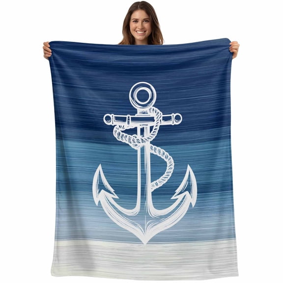 Flannel Fleece Throw Blanket Nautical Anchor Navy Blue Gradient Lightweight Soft Plush Blankets,Summer Coastal Nautical Theme Cozy Warm Throw Blanket for Couch Sofa Bed Car Office 40x50in