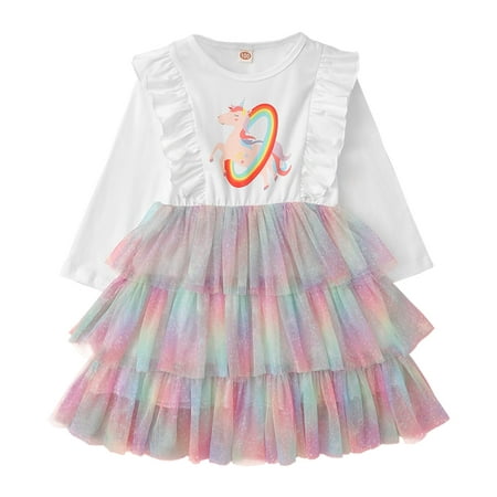 

Kucnuzki 4T Toddler Girls Dress Winter Dress Long Sleeve Dress 5T Toddler Girl Long Sleeve Unicorn Contrast Tulle Dress White