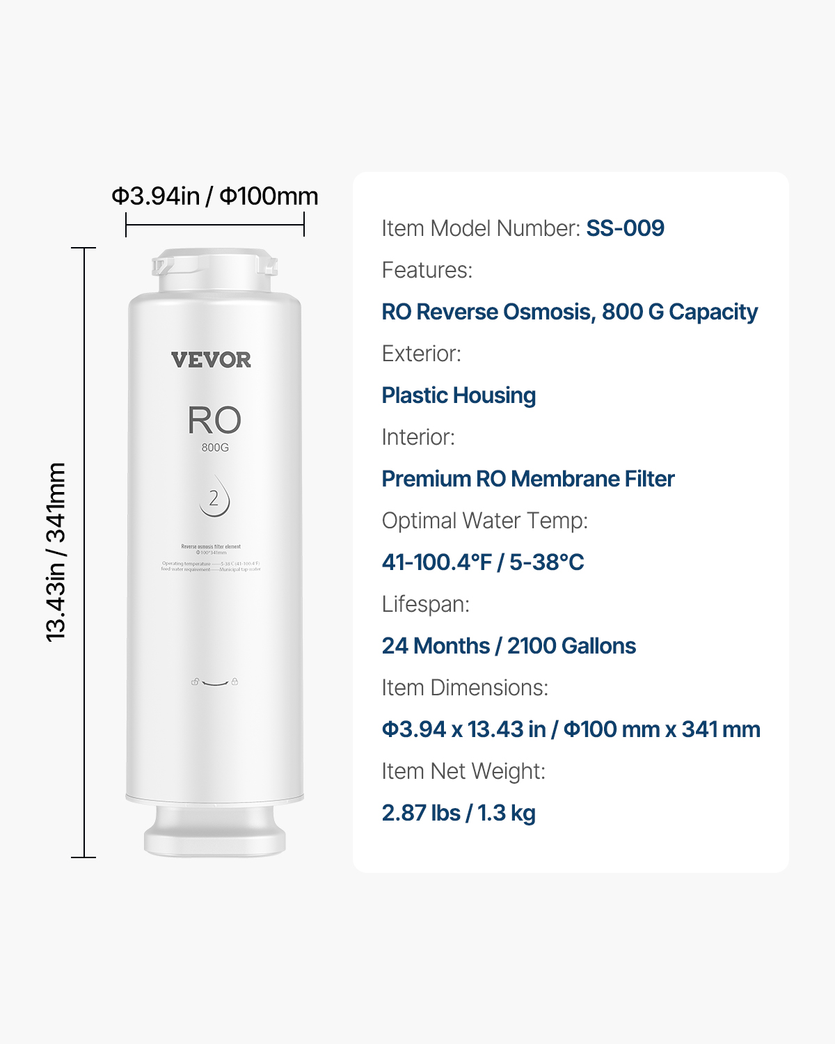 VEVOR Reverse Osmosis System, 800 GPD 11-stage Reverse Osmosis Water Filter Replacement, RO Filter Cartridge for 24 Months, Reduces Lead & Chlorine, Compatible with SS-005 Under Sink Water Filter