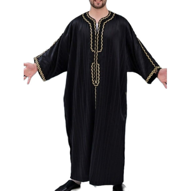 LUXUR Mens Long Gown Muslim Maxi Shirt V Neck Prayer Robe Casual