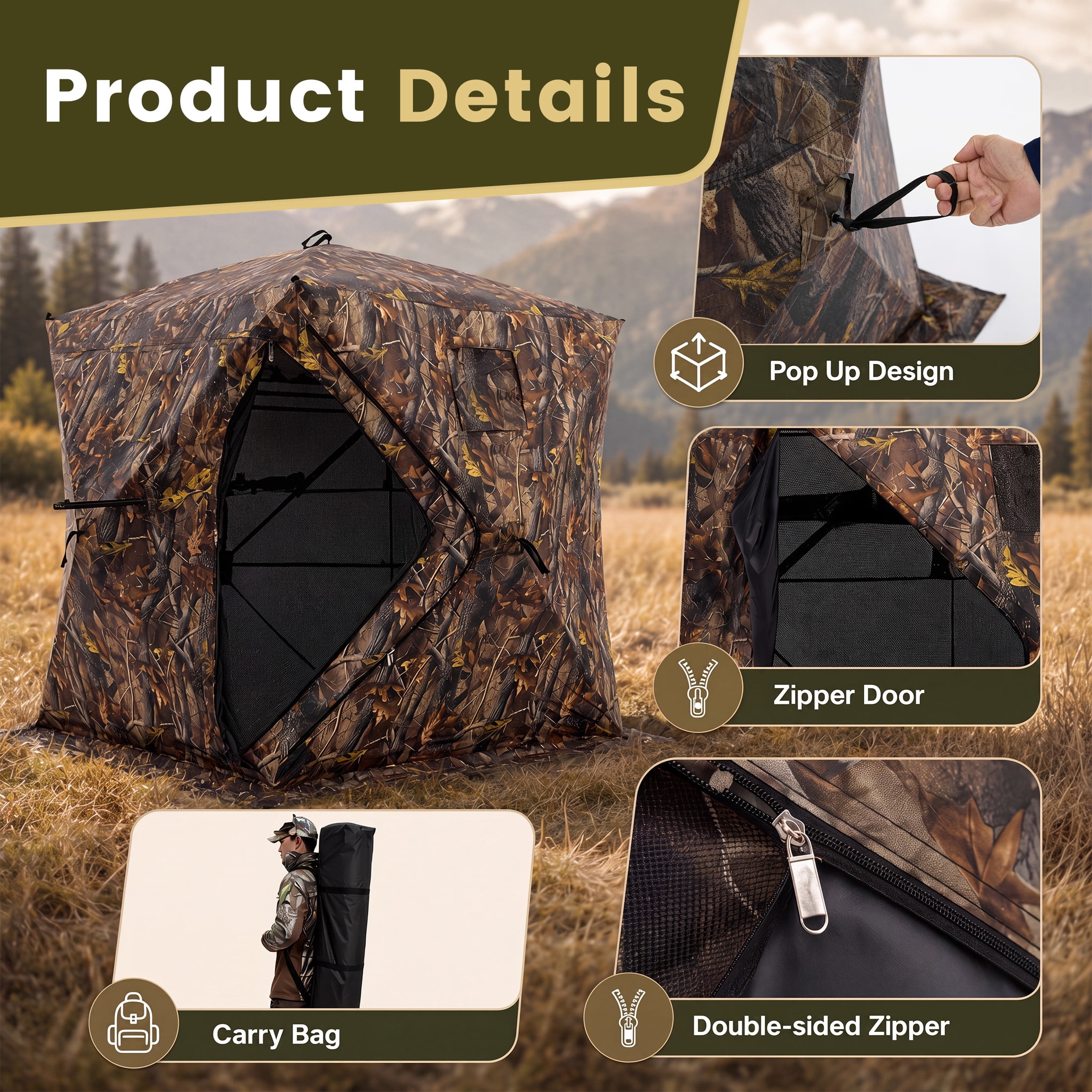 SHOUFTW Hunting Blind, 270° See-Through Ground Blind Shelter, 2-3 Person Pop-Up Instant Setup Hunting Tent with Silent Windows & Carry Bag, Camo