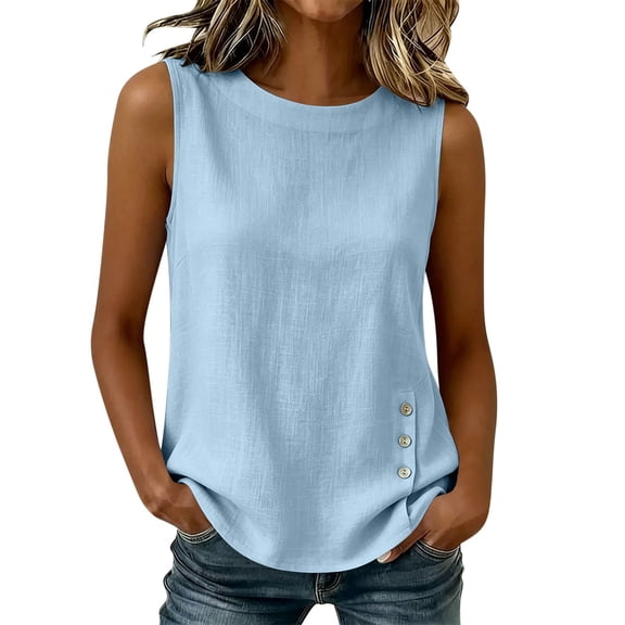 LEAVINGSUO Women's Tops Blouses Summer Solid Color Round Neck Sleeveless Button-Down Top T-Shirt Blue S