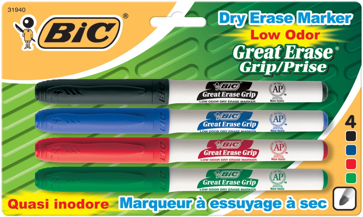 BIC Great Erase Low Odor Dry-Erase Fine Point Markers 4/Pkg Black, Blue, Red & Green