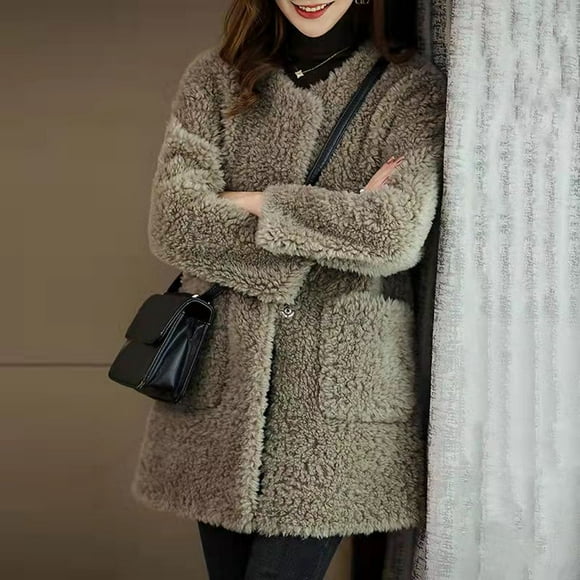 Amzcrzy Fleece Jacket Women's Fall/Winter Pelted Fleece Coat Imitation Wool Mid-Length Coat Long-Sleeved Hoodless Casual Coat/Jacket Jackets for Women Womens Long Sleeve Tops Womens Jacket