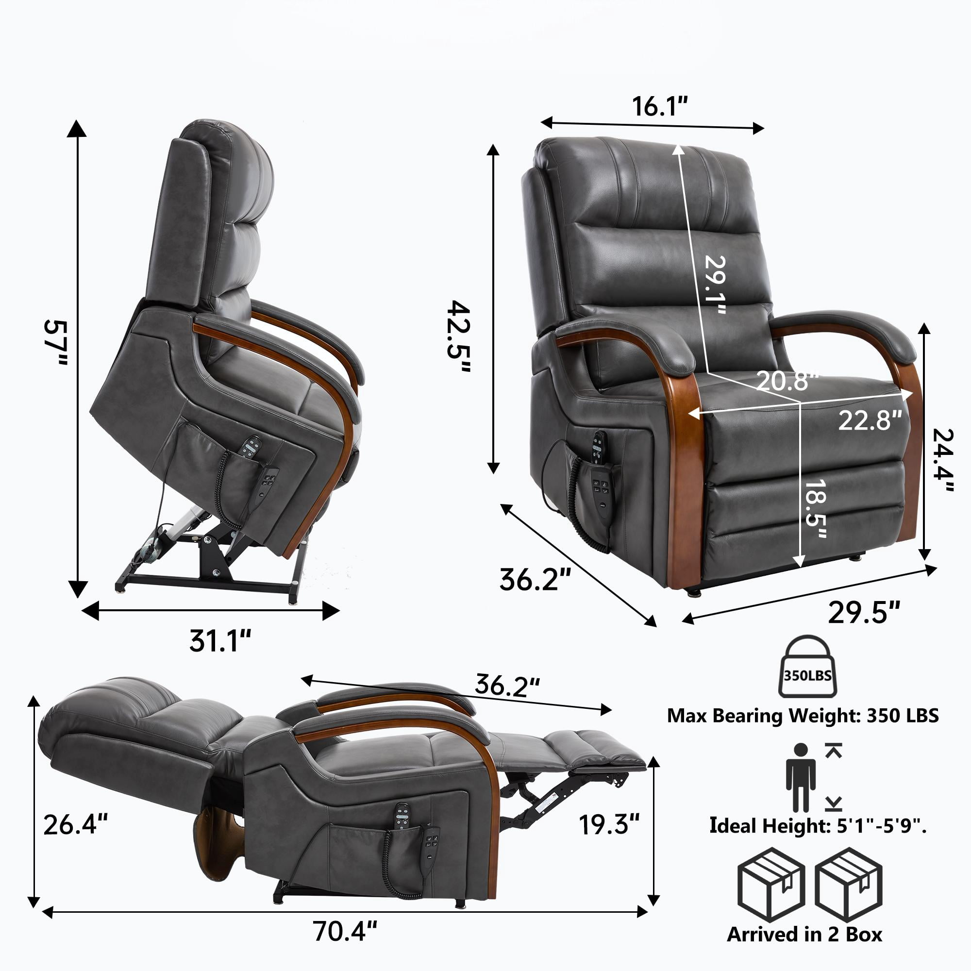 Gewnee Power Lift Recliner Chair with Heat and Massage,Lay Flat Assist Recliner with Side Pocket & Solid Wood Armrest,Lift Chair for Living Room.Grey PU