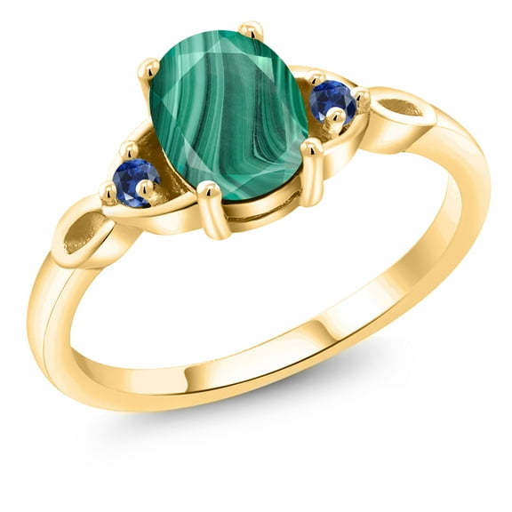 Gem Stone King 18K Yellow Gold Plated Silver Green Malachite and Blue Created Sapphire 3-Stone Rings for Women (2.09 Cttw, Gemstone, Oval 8X6MM, Size 8)