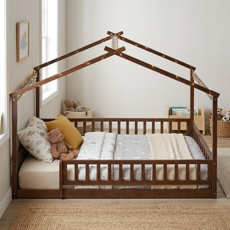 Full Size Wood House Bed with Fence and Roof Frame, Kids Floor Montessori Bed with Safety Guardrails, Sturdy Pinewood Playhouse Bed for Boys Girls
