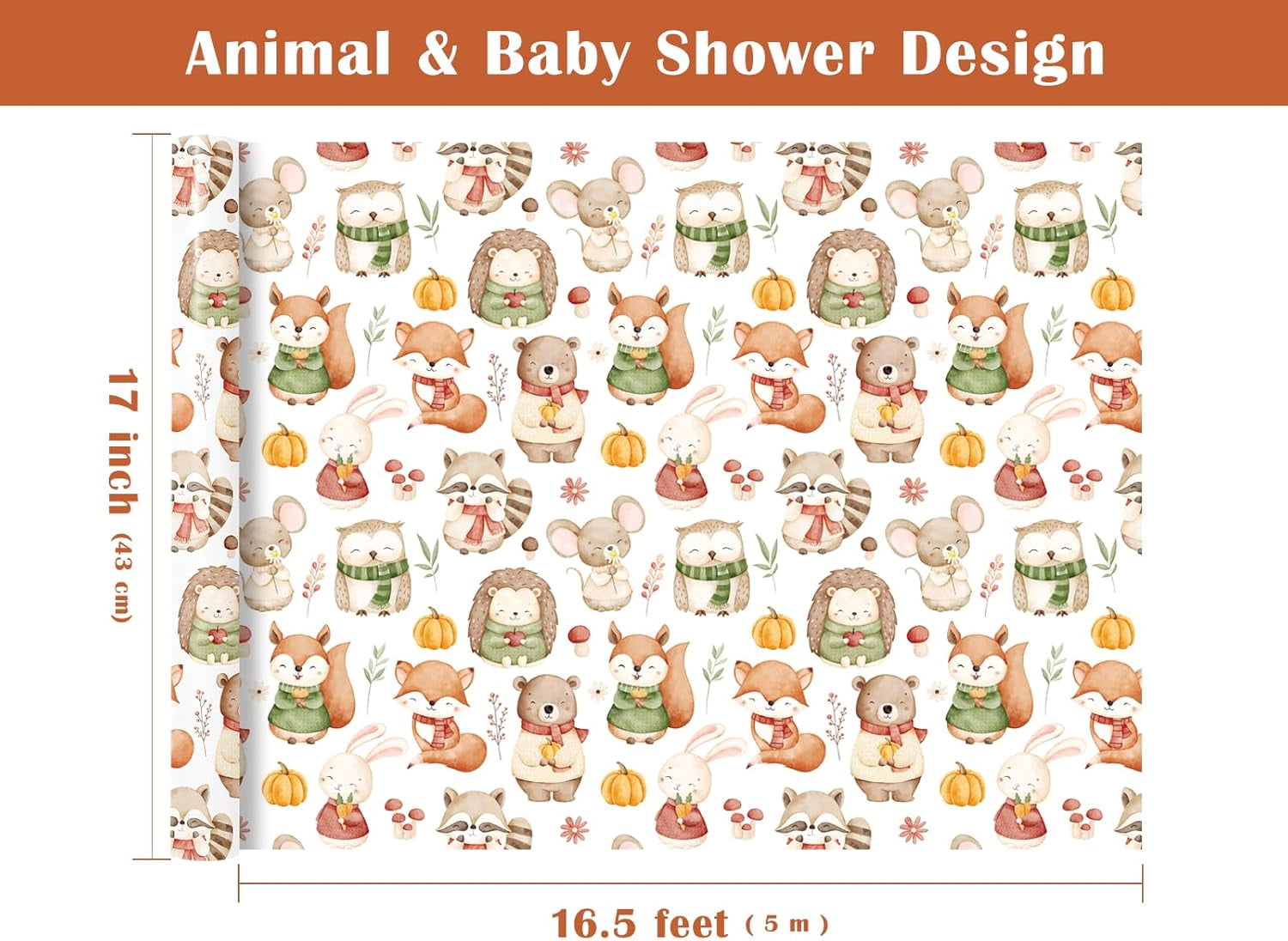 Baby Shower Wrapping Paper Roll - Mini Roll - 17 Inch x 16.5 Feet - Forest Animal Wrapping Paper, Perfect for Kids Girl Birthday, Newborn Gift Wrap