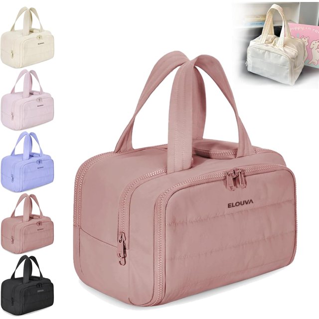 Elouva Toiletry Bag, Elouva Large Capacity Travel Cosmetic Bag, 4-in-1 Puffy Multi-Functional Toiletry Bags. Portable Waterproof Open Flat Organizer Bags, Can be Taken on Board (Pink)