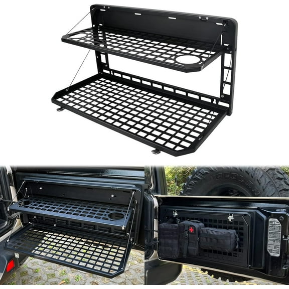 2-Tier Foldable Tailgate Table with Cargo Rack for Jeep Wrangler JK JL 4-Door Models 2007-2022, Rear Mount Camping Desk Storage Solution for Outdoor Adventures