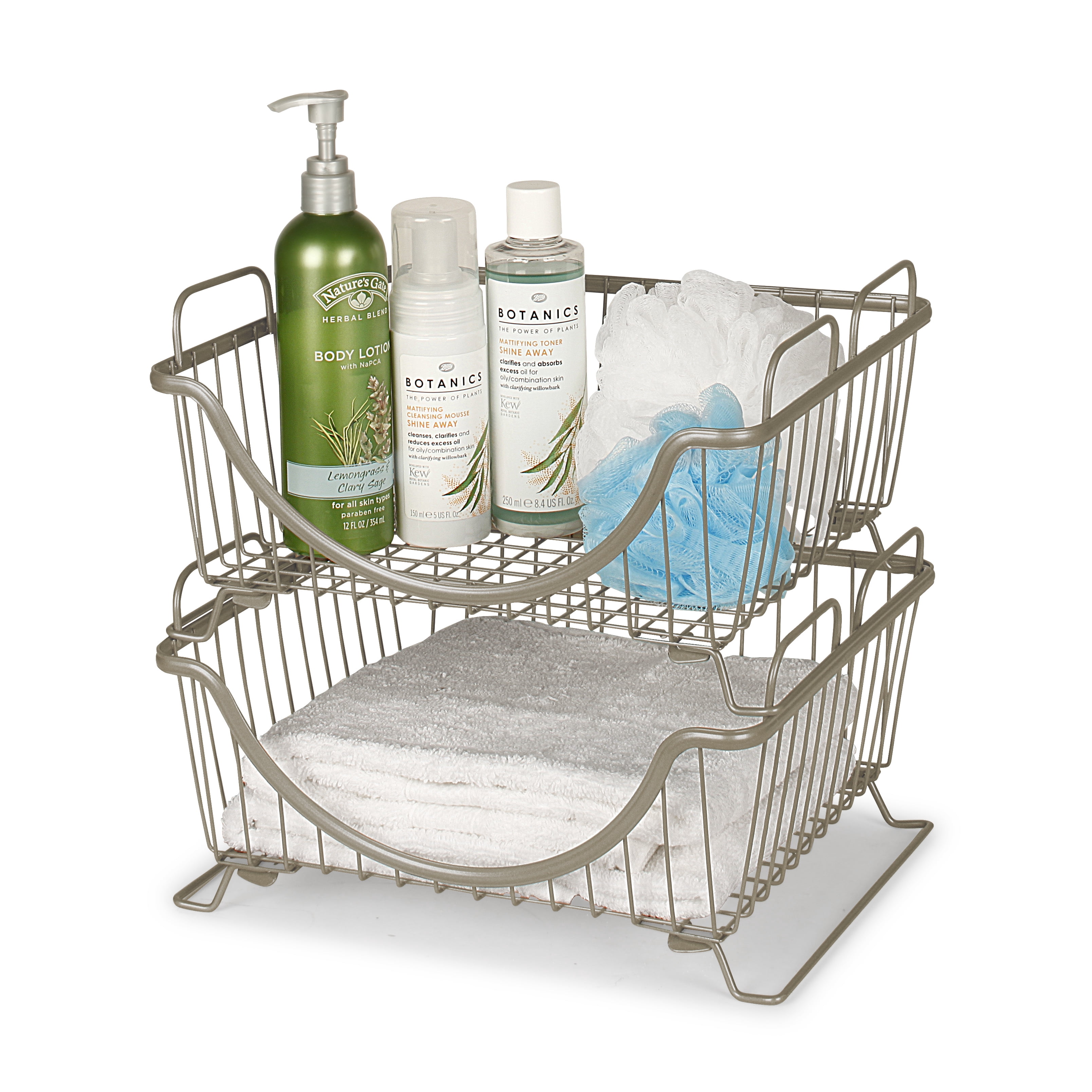 Spectrum Diversified Ashley Steel Stackable Wire Basket with Raised Feet and Looped Handles, Modular Stacking Bin System for Kitchen Countertop and Desk Organization, Medium, Satin Nickel