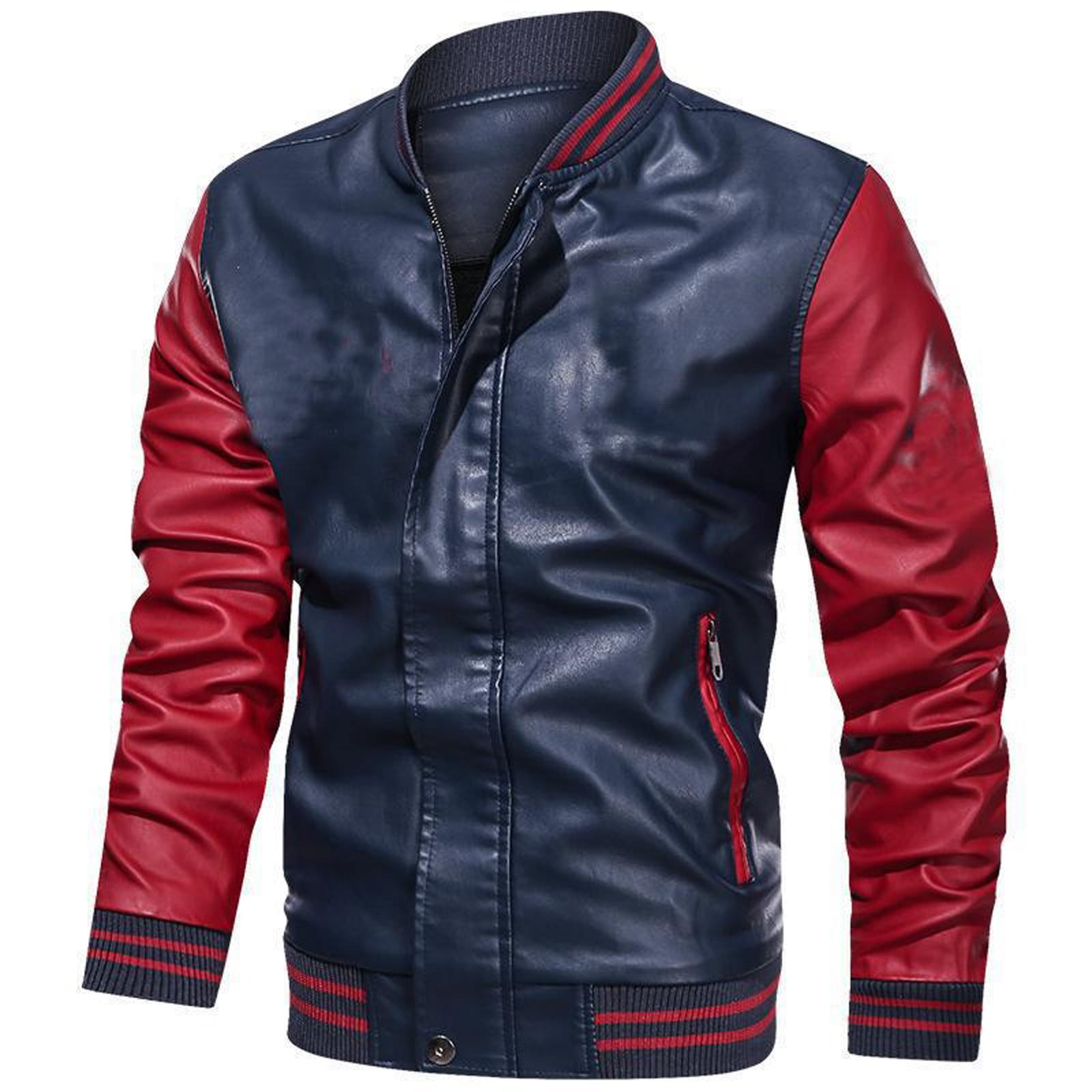 IYTR Men's PU Leather Jacket Baseball Jacket Zipper Motorcycle Jacket Red Blue Colorblock Long Sleeve Fashion Outwear Men's Clothing Blue L