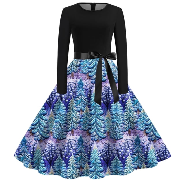 Robes de Fête de Noël pour Femmes Robe Midi Manches Longues Corsage Froncé Robe Florale pour Fête d'Automne Plage (Taille : 2TG)