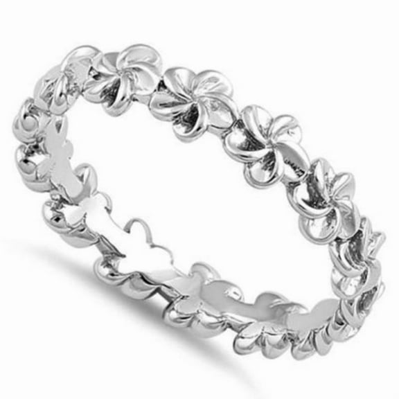 Hawaiian Plumeria Flower Lei Wedding Ring 925 Sterling Silver Eternity Band _10