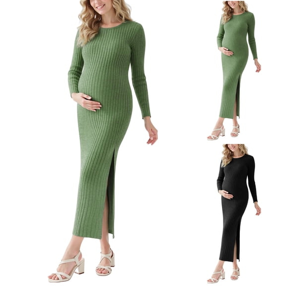 Lispipm Maternity Sweater Dress for Women Ribbed Knit Long Sleeve Crew Neck Pregnant Clothes with Side Slit for Fall Winter Black L