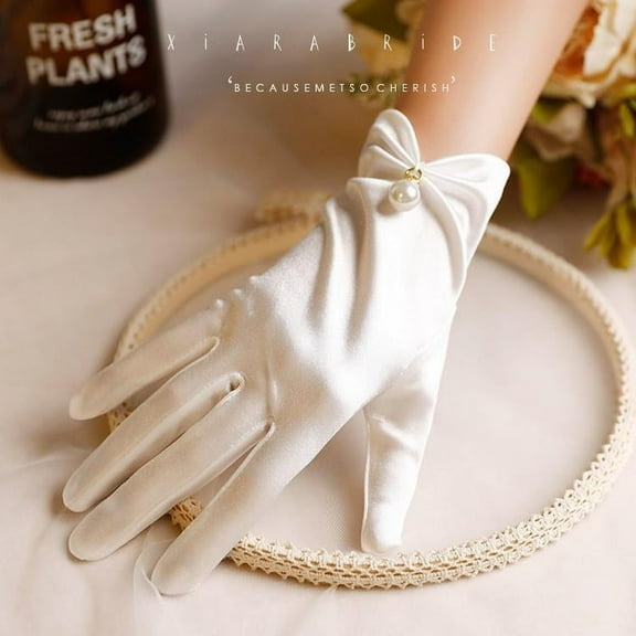 Women Bridal Wedding Gloves, Satin Short Opera Gloves, Pearl Wrist Banquet Dress Gloves, Fancy Party Floral Gloves