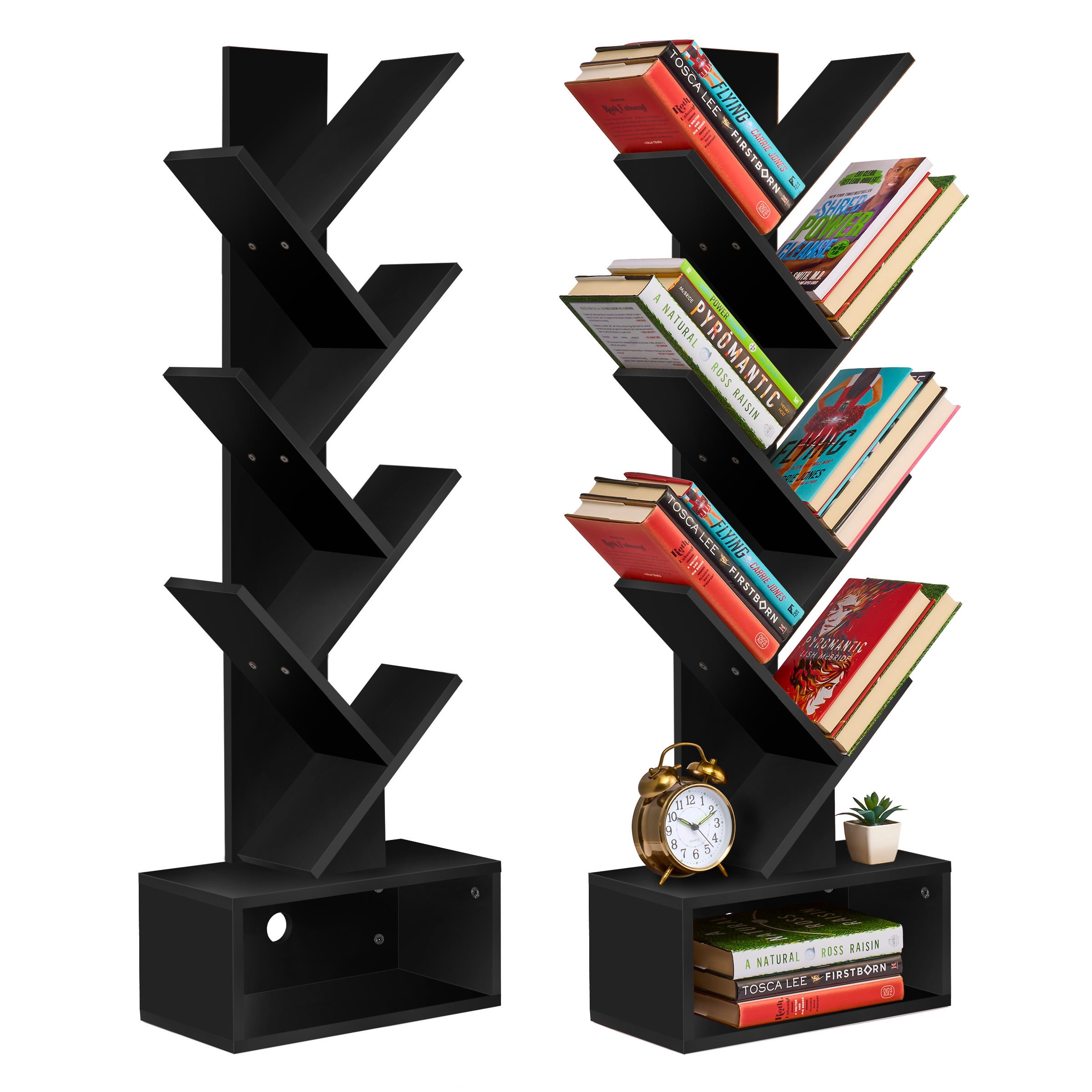 Sorbus 7-Tier Zigzag Bookcase with Drawer, Space-Saving Organizer, Black