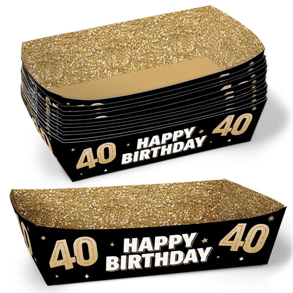 Big Dot of Happiness 40th Birthday Party Paper Food Trays, Disposable Food Boats, Black & Gold Adult Birthday, Picnic, BBQ, Double-Sided Paper Meal Holders for Nachos, Hot Dogs, French Fries - 12 Ct