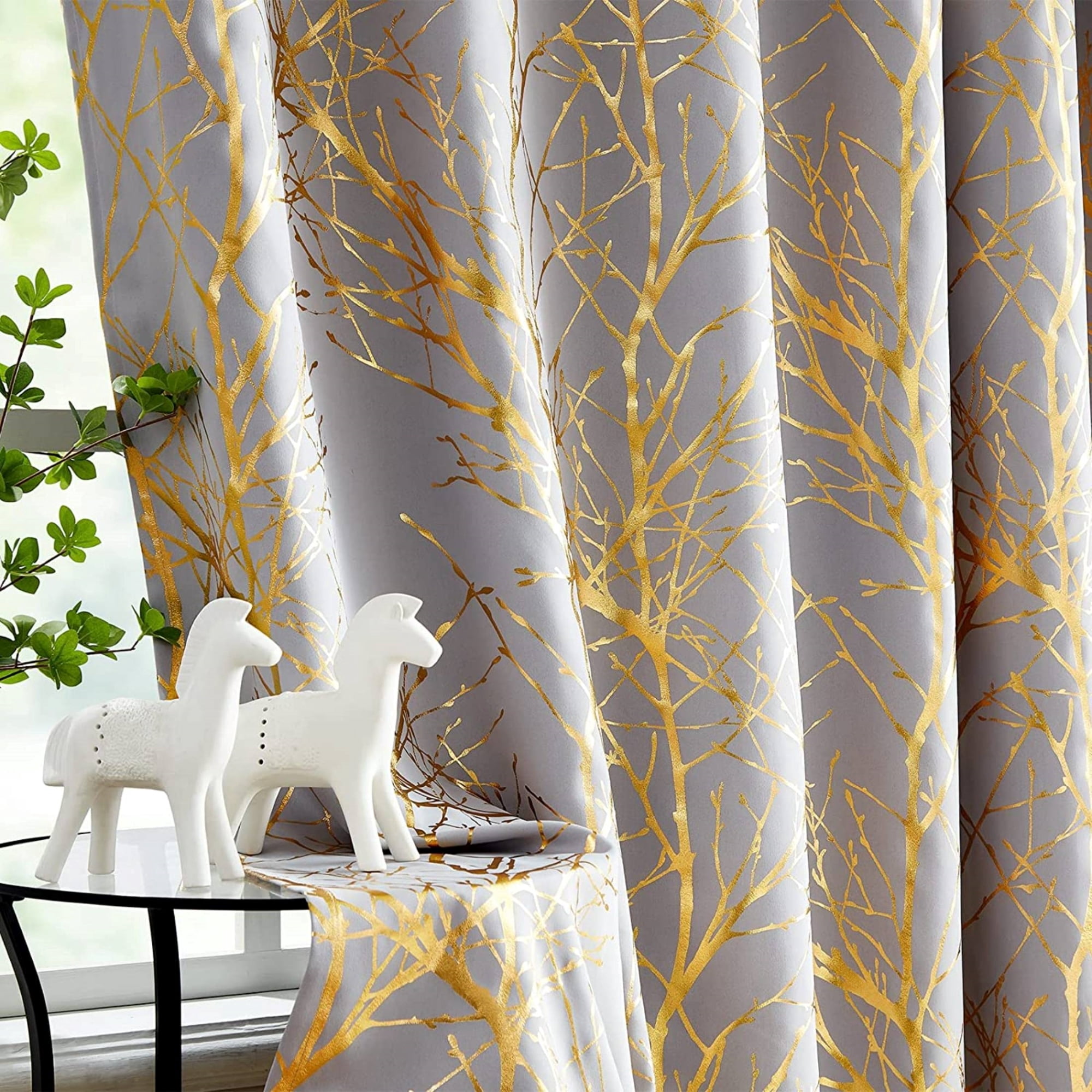 Decoultimatex Gold Gray Tree Branch Metallic Print Blackout Window Curtain Panels for Living Room Bedroom Noise Reduction Drapes, Grommet Top, 50"x 63"x 2