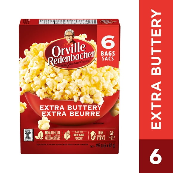 Orville Redenbacher Popcorn - Microwave Extra Buttery - 6 Bags, Non-GMO, whole grain microwave popcorn with a high source of fibre and gluten free