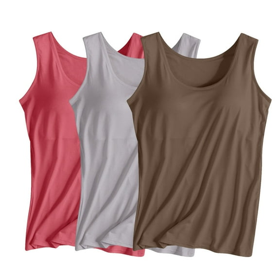 Wdfiry 3PC Women's Tank Top with Built in Bra Sleeveless Wide Shoulder Strap Camisoles Basic Cami Tanks Summer Padded Bra Undershirt for Workout Sleeping Traveling