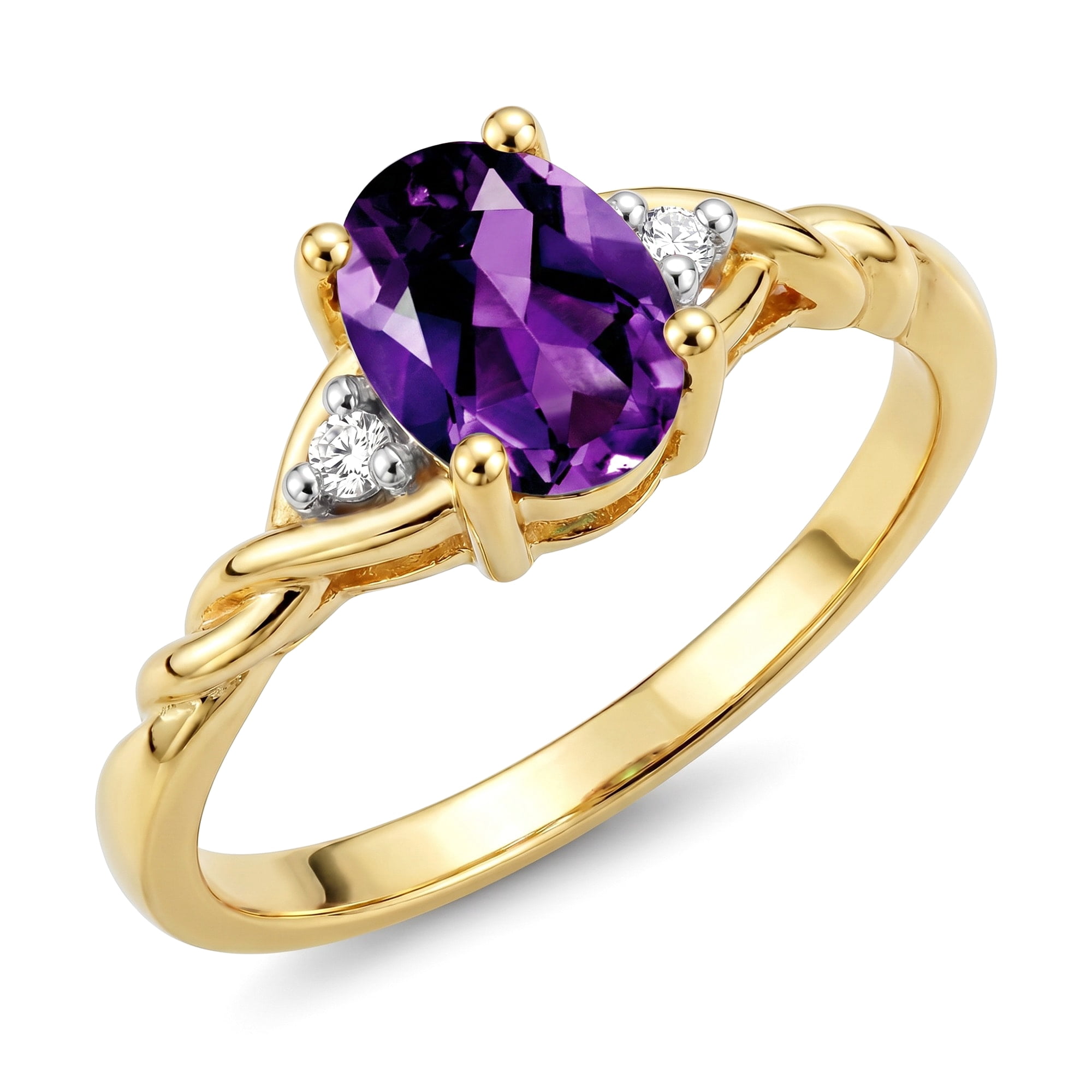 RYLOS Rings for Women 14K Gold Plated Silver Classic Style Birthstone Ring 7X5MM Oval Gemstone & Diamonds February Amethyst Jewelry for Women Size 5