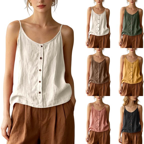 DYTTDG Front Button Linen Camisole, Scoop Neck Spaghetti Strap Solid Loose Women's Everyday Casual Sleeveless Tank Top