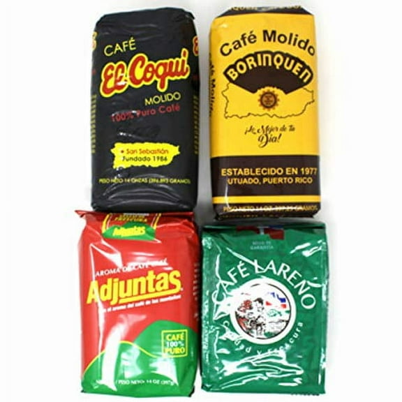 Bold Puerto Rican Coffee Mix - Cafe Borinquen, Cafe Coqui, Cafe Lareno, Cafe Adjuntas (1 - 14oz pack of each)
