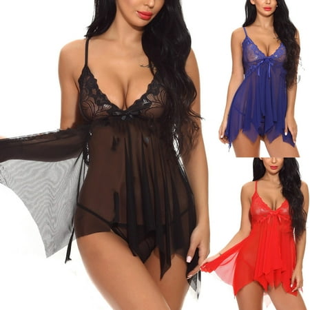 

UoCefik Women Irregular Babydoll Sexy Lingerie for Women Sexy Solid Chemise Mesh Lace Nightwear with Thong Black XL