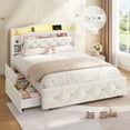 thumbnail image 6 of Full Bed Frame with Charging Stations and LED Lights and Drawers, Velvet Upholstered Beds with Bookcase Headboard, Modern Metal Platform Bed Frame for Teen Girls, Beige, 6 of 9