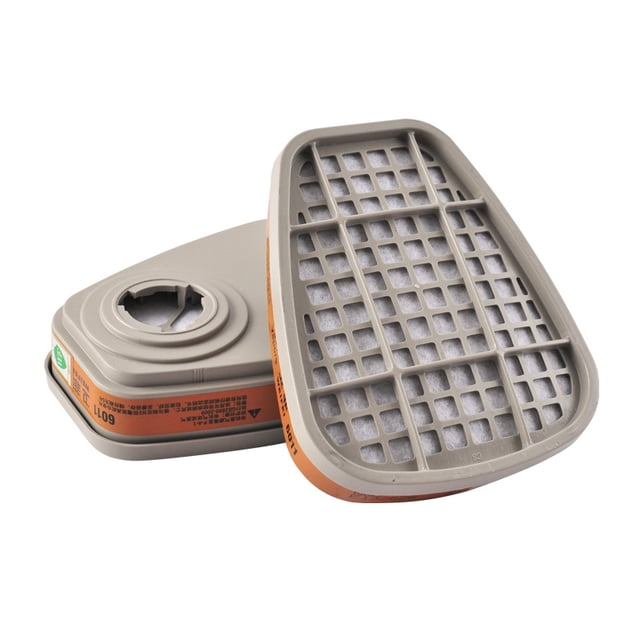 3m 6011 filtros contra vapores orgánicos y gases inorgánicos y ácidos, amoníaco (1 par) par de filtros 3M 6011 color gris con rejilla frontal y conexión roscada para respirador de media cara, borde naranja con etiqueta impresa; cuando se usan como sistema completo ayudan a proteger contra ciertos vapores orgánicos, gases inorgánicos y amoníaco según el fabricante; también son adecuados para tareas de mantenimiento químico en talleres.
