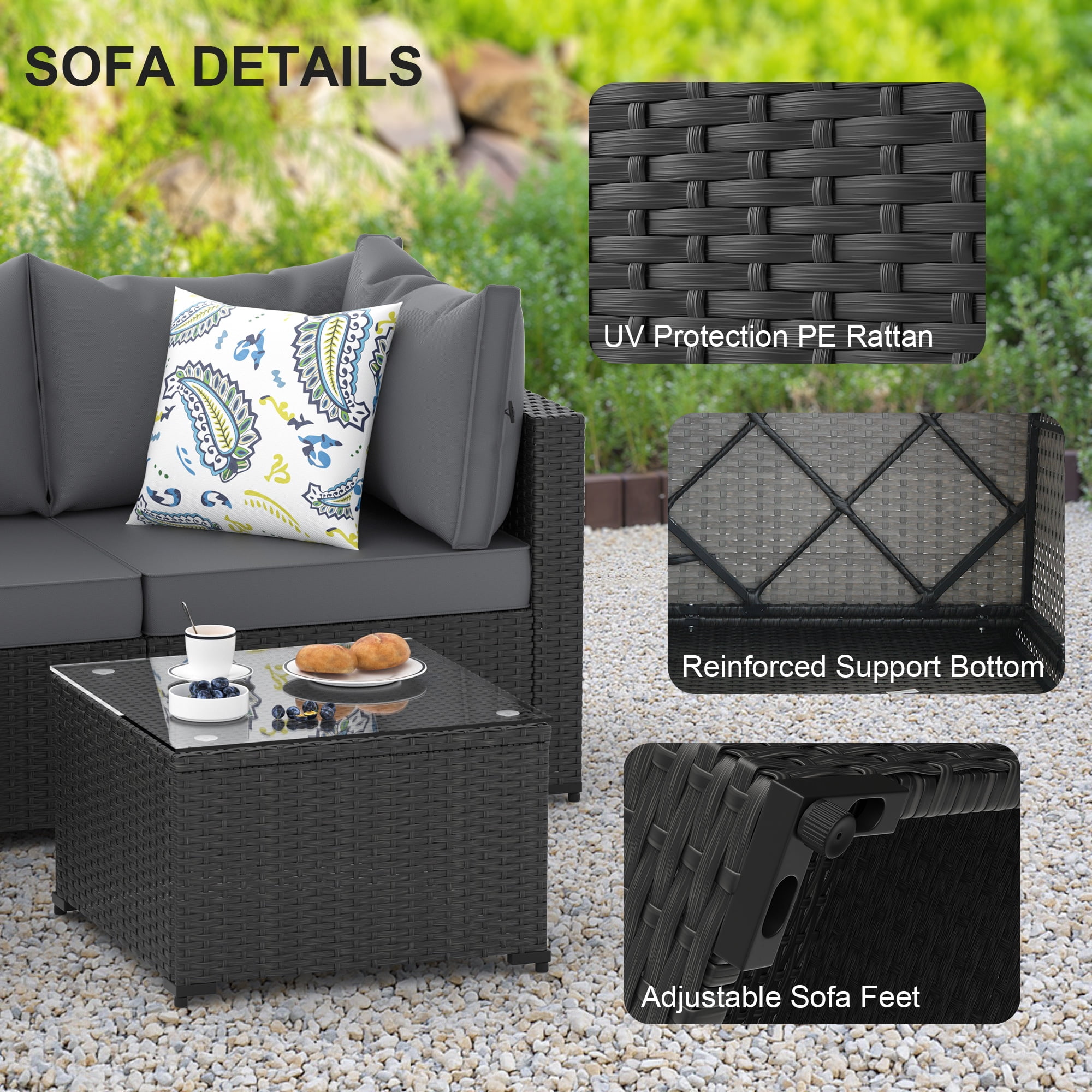Phonjoroo 5PCS Patio Furniture Sets All Weather Outdoor Sectional Sofa Manual Weaving Wicker Rattan Outdoor Conversation Set with With Cushion And Glass Table, Gray