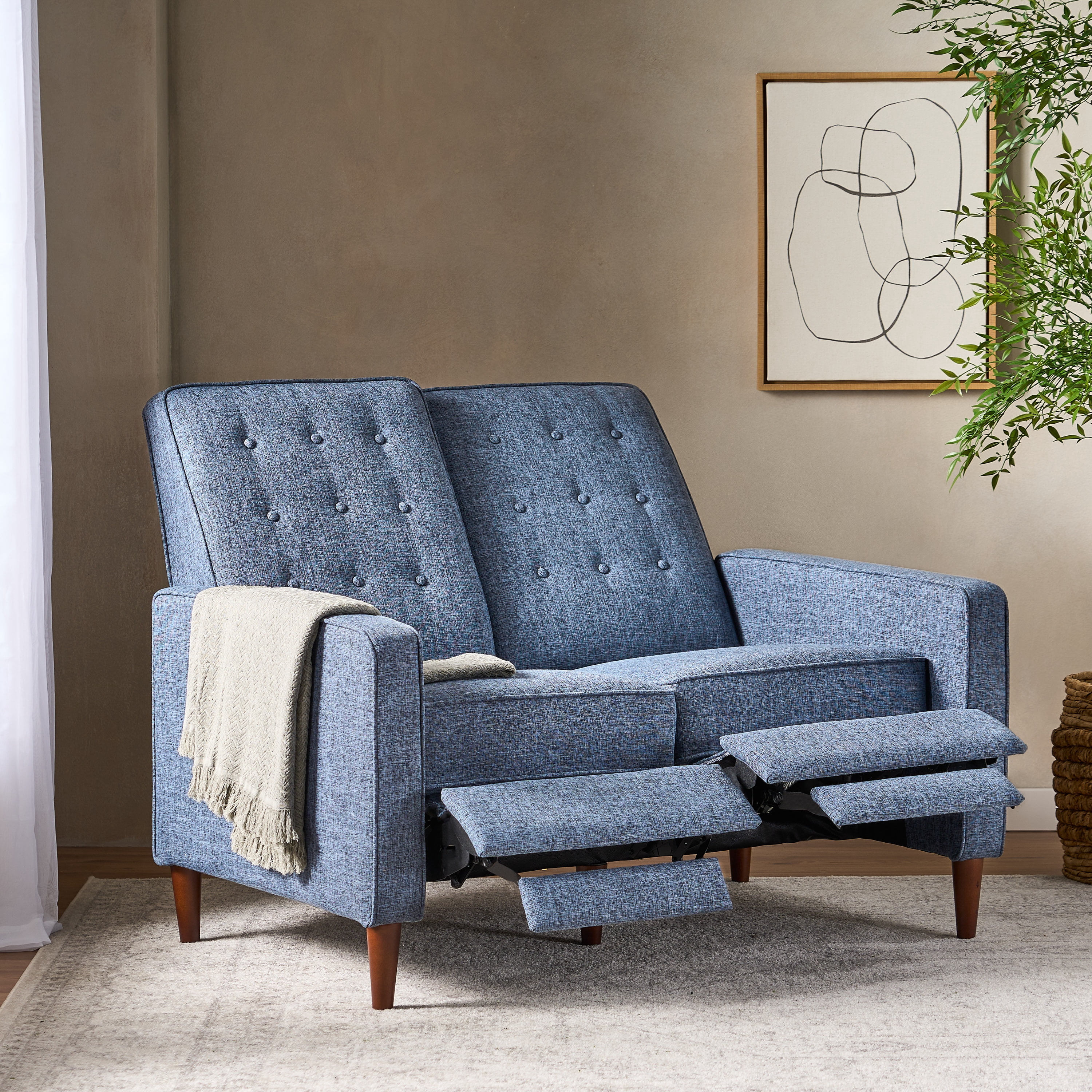 Noble House Craigue Fabric Tufted Loveseat Pushback Recliner, Dark Blue