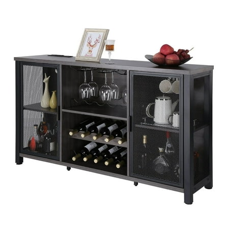 47 Inch Industrial Bar Cabinet, Wine Table for Liquor & Glasses, Sideboard Buffet Cabinet with Wine Rack, Freestanding Farmhouse Wood Coffee Bar Cabinet for Living Room, Home Bar, Kitchen White