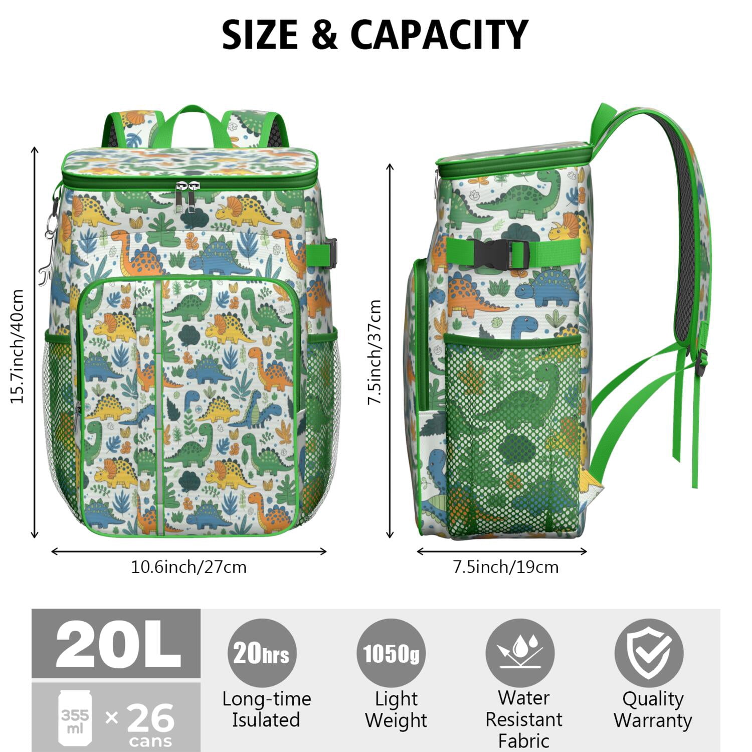 Travel Cooler Bag - LightColor Dinosaurs Floral Pattern Camping Beer Cooler Backpack with Bottle Opener- Waterproof Insulated Picnic Backpacks - Cooler Bag for Beach
