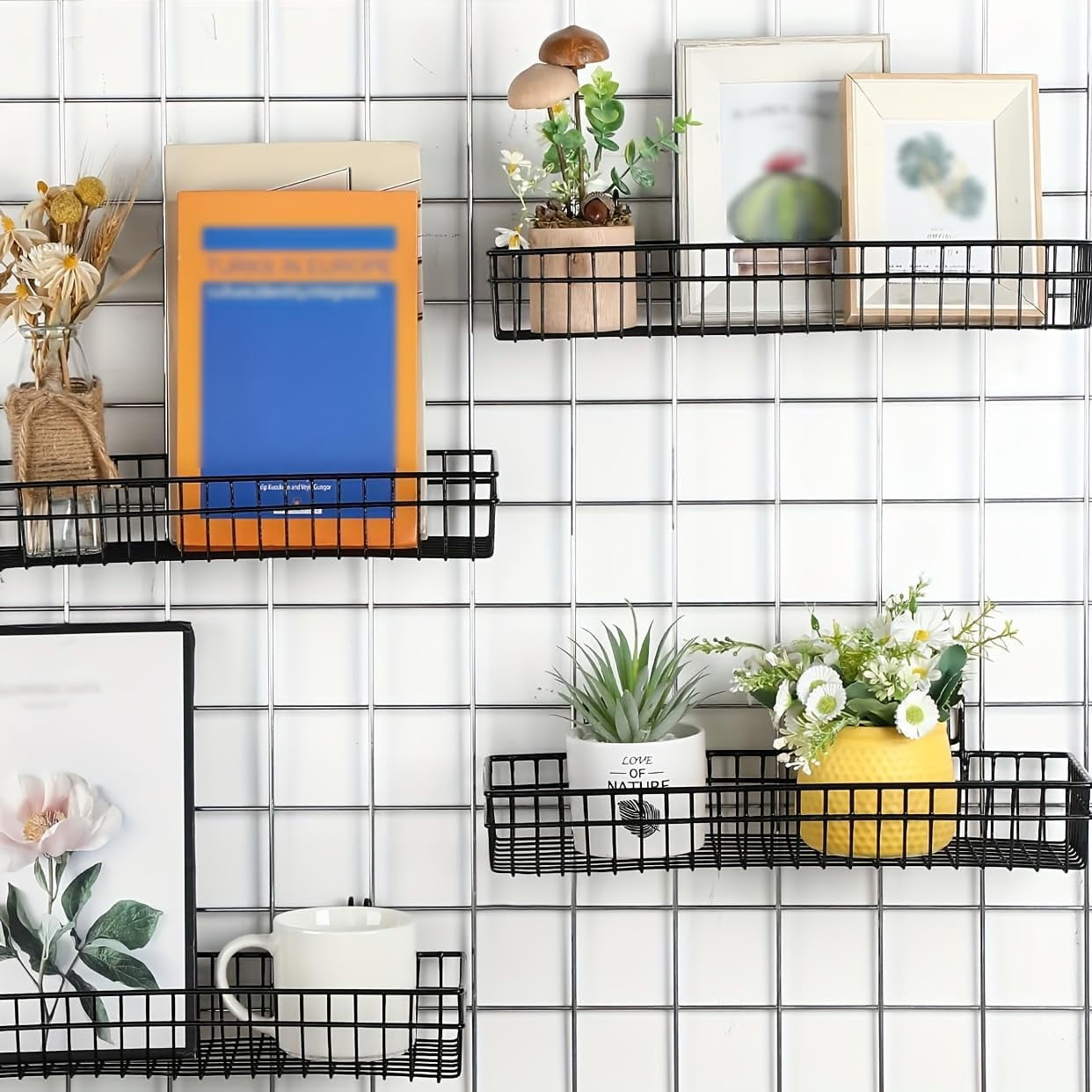 4 Pack 15.75 x 6 x 2.36 Inch Metal Grid Wall Baskets with Hooks, Hanging Wire Grid Basket, Multi-Function Wall Mounted Organizer for Kitchen Garden Organizing Display, Black