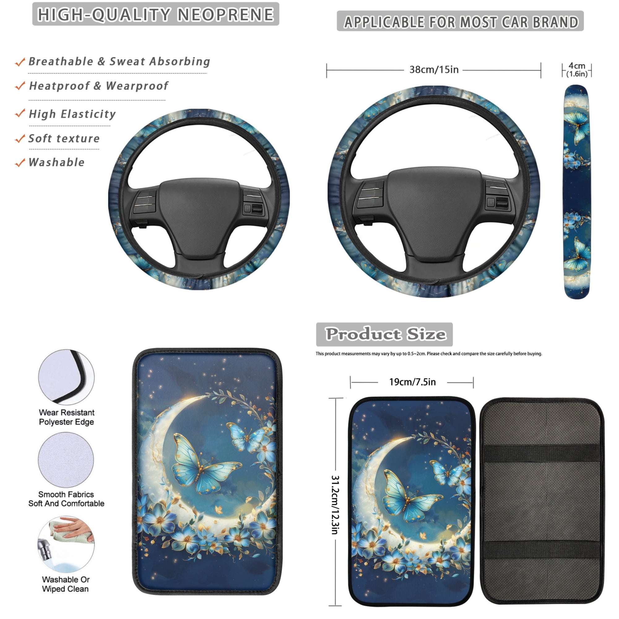 Jeiento Butterfly Car Accessories 13pcs Car Seat Covers and Steering Wheel Cover Moon Seat Belt Pad Cover Auto Armrest Cover Cushion Keychain Cup Holders Universal Fit