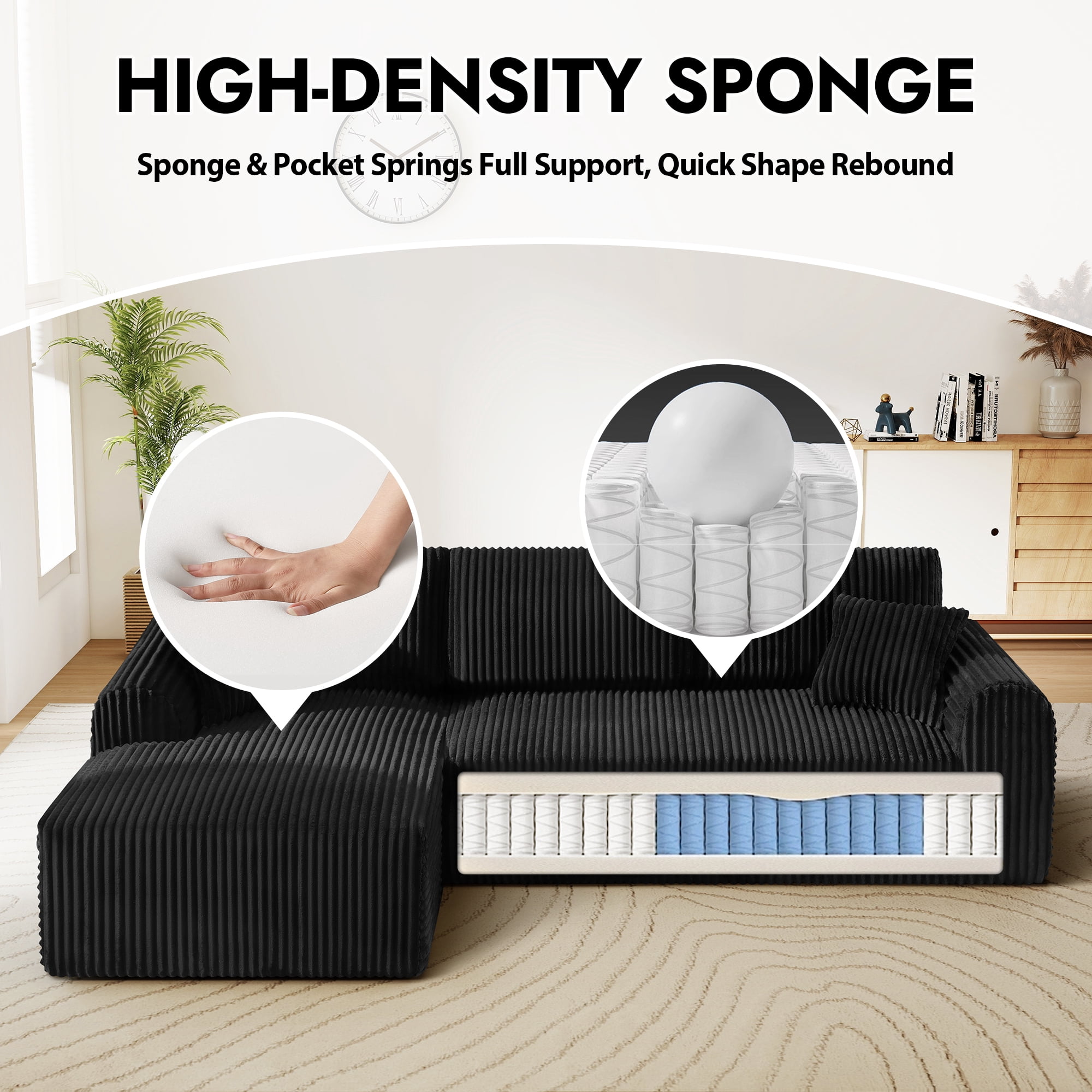 Aukfa 109" Modular Cloud Sectional Sofa with L-Shape Chaise, Corduroy Upholstered Deep Seat Couch, Left Facing Chaise, No Assembly Boneless Sofa for Living Room/Bedroom/Apartment, Black