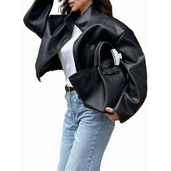 Female Faux Leather Jacket Women Motorcycle PU Bike Coat with Pockets Black L
