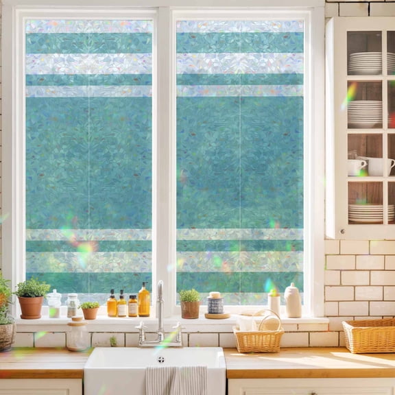Modern White and Teal Stripes Window Privacy Film,Decorative Windows Static Cling Minimalist Art Heat Control Removable Glass Sticker for Home Bathroom Bedroom Window Door,17.7x39.3in