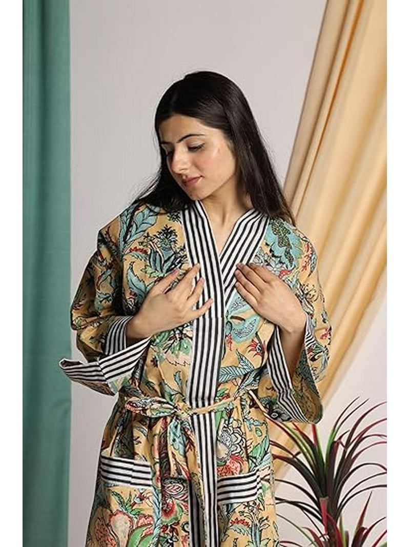 K.K. Handicraft Cotton Kimono Robes for Women's, Light Bathrobe for Women, Dressing Gown Kimono Robe, Long Kimono Robe, Size: One size, Beige