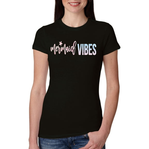 Mermaid Vibes Cute Shimmer | Womens Fashion Slim Fit Junior Tee, Black, Small