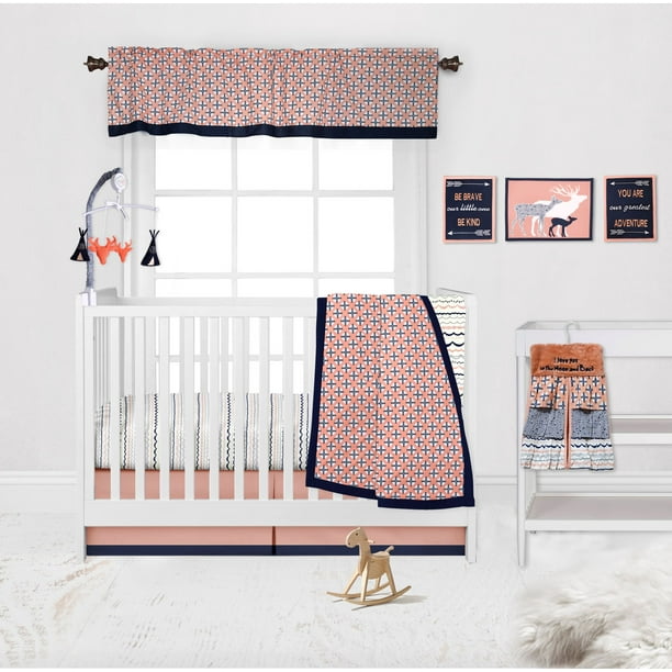Bacati Olivia Tribal Coral Navy 10 Piece Nursery In A Bag 100 Cotton Percale Girls Crib Bedding Set With 2 Crib Fitted Sheets Bumper Pad Not Included For Us Standard Cribs Walmart Com