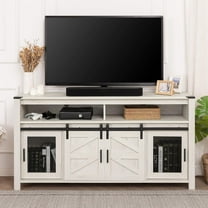 WAMPAT 59" Farmhouse TV Stand for 65 Inch TV, Wood Entertainment Center with Sliding Barn Doors & Mesh Doors, Antique White