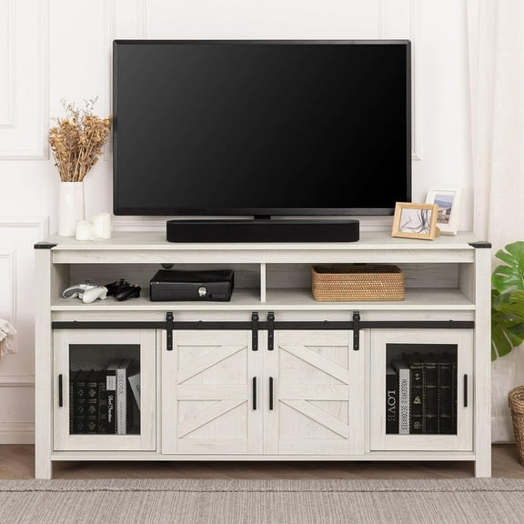 WAMPAT 59" Farmhouse TV Stand for 65 Inch TV, Wood Entertainment Center with Sliding Barn Doors & Mesh Doors, Antique White